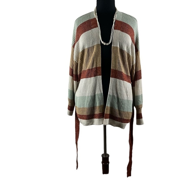 Nine West Striped Plus Size Multi Colored Belted Balloon Sleeve Sweater - Picture 5 of 9
